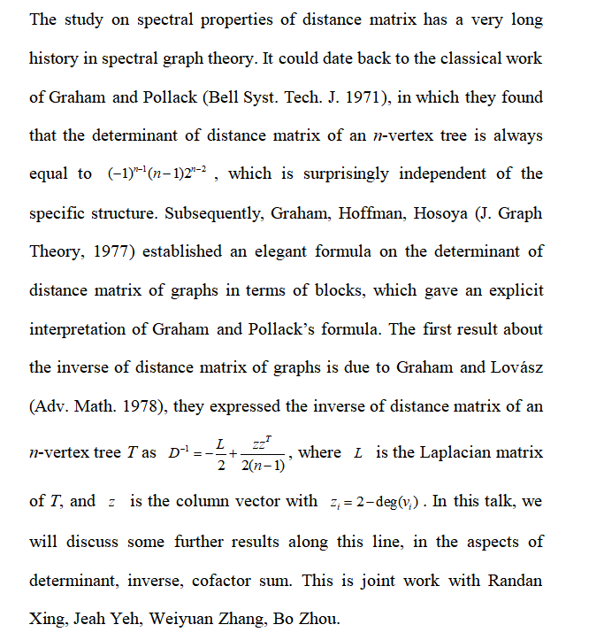 Seminar on Discrete Mathematics: The determinant, inverse, cofactor sum of distance matrices and several analogies