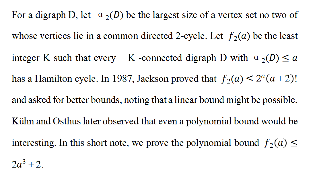Seminar on Discrete Mathematics: A cubic refinement of Jackson's Chvátal--Erdős condition for Hamilton cycles in digraphs Seminar on Discrete Mathematics: A cubic refinement of Jackson's Chvátal--Erdős condition for Hamilton cycles in digraphs