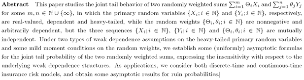 Asymptotics for joint tail probability of bidimensional randomly weighted sums with applications to insurance